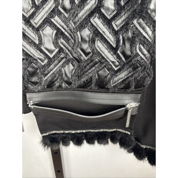 Save the Queen Italy Faux Leather Jacket Womens Medium Black Faux Fur Geometric - Picture 6 of 13